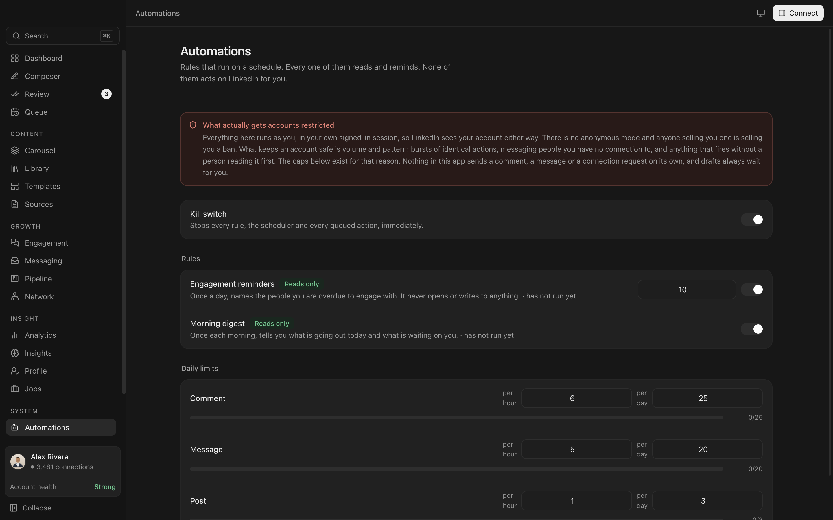 The Everpost automations screen, showing scheduled rules with hourly and daily caps and a single kill switch.