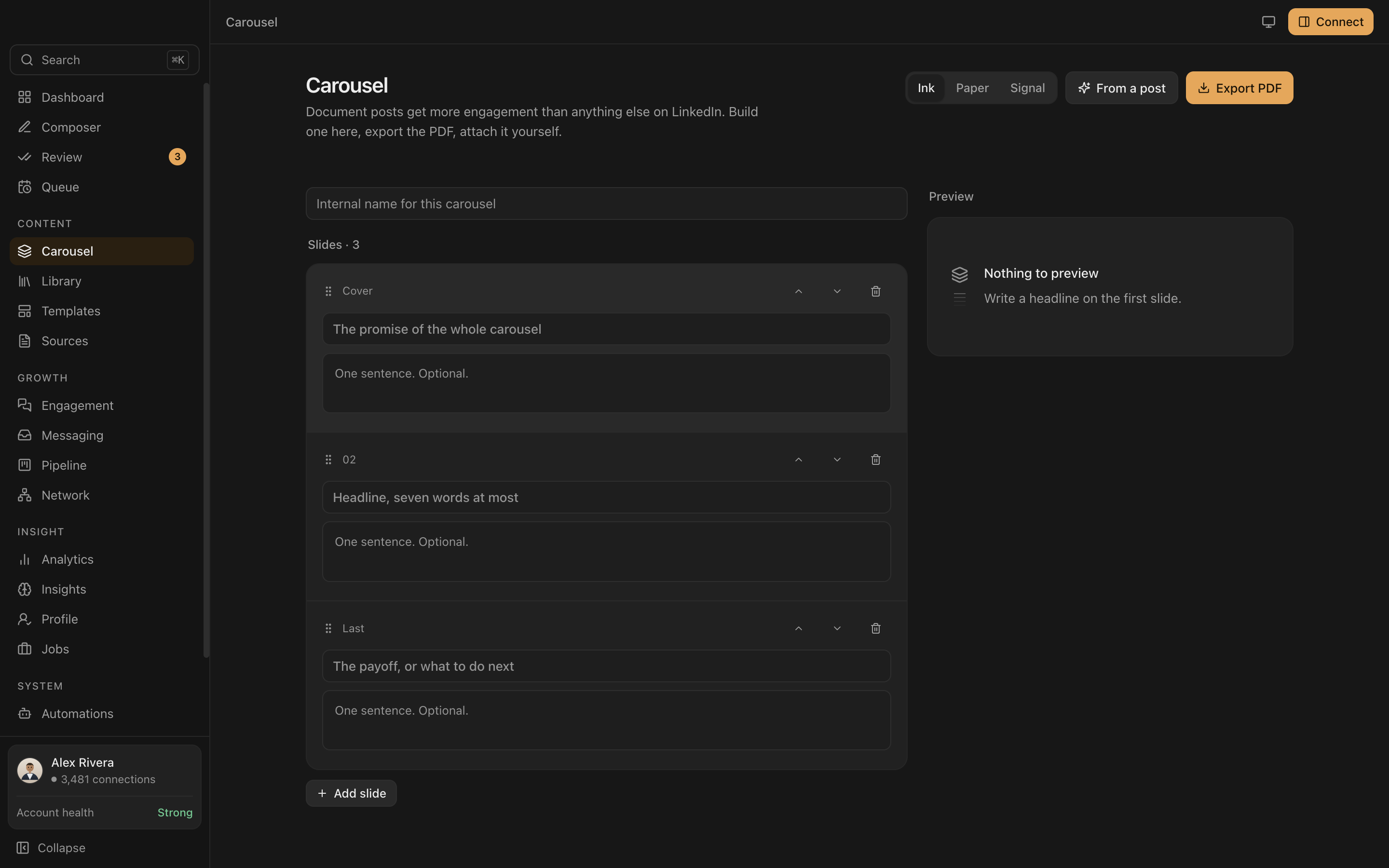 The Everpost carousel builder with cover, content and closing slides, a live preview panel, and a PDF export button.