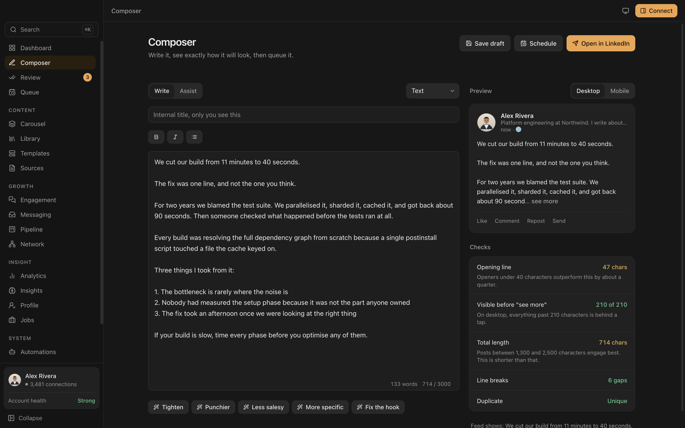 The Everpost composer with a desktop and mobile preview toggle, live length and hook checks, and one click rewrite suggestions.