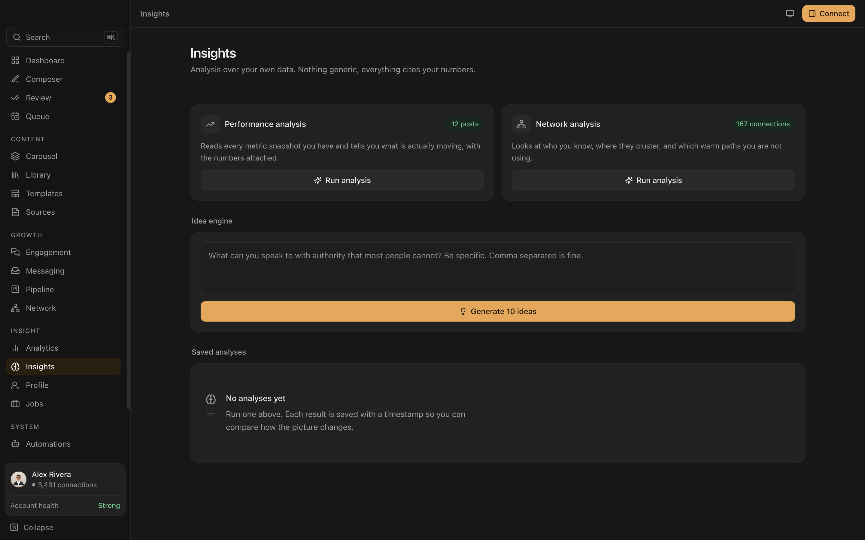 The Everpost insights screen offering a performance analysis over 12 posts and a network analysis over 167 connections.