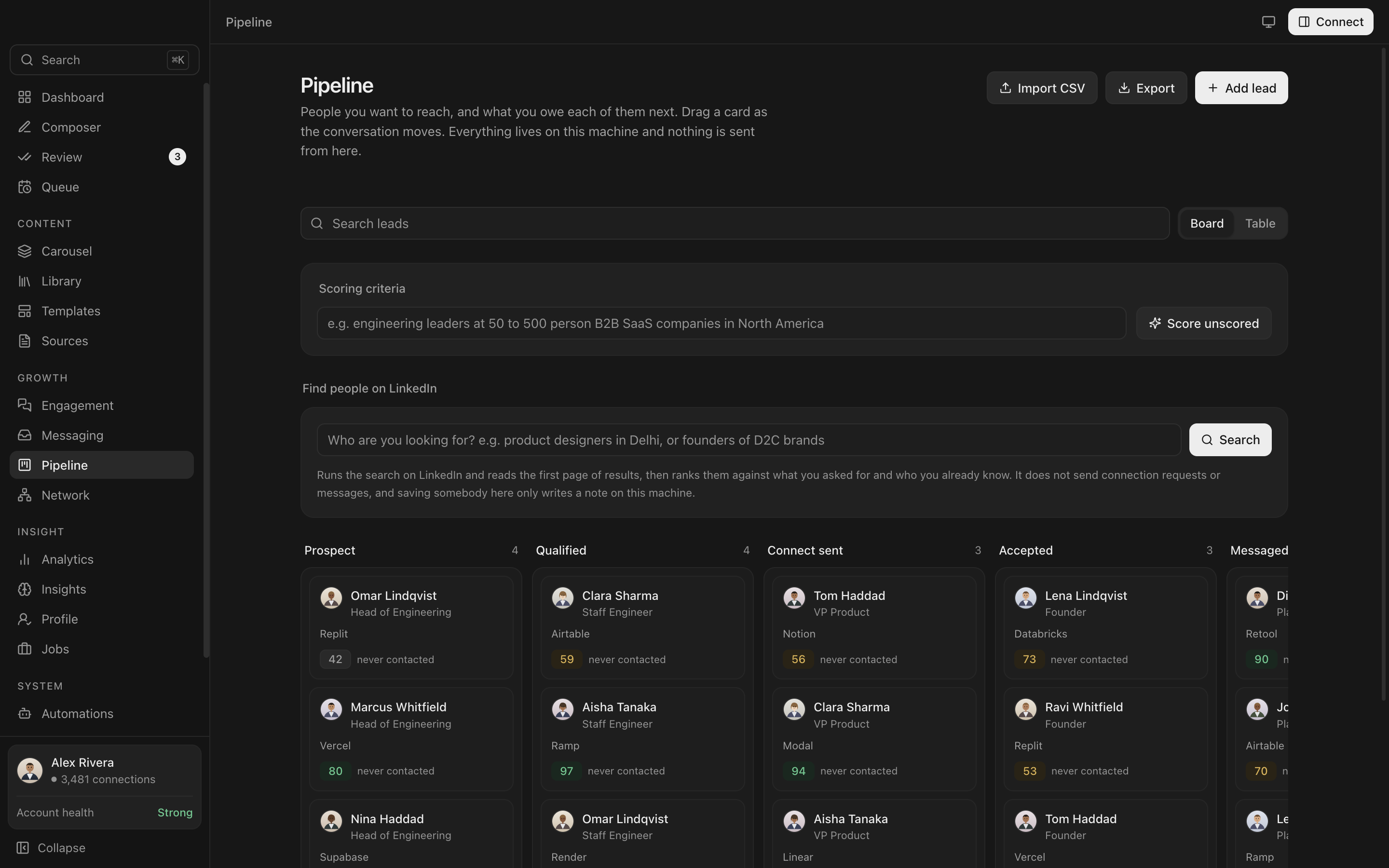 The Everpost pipeline with LinkedIn connections as cards across prospect, qualified, connect sent, accepted and messaged stages.