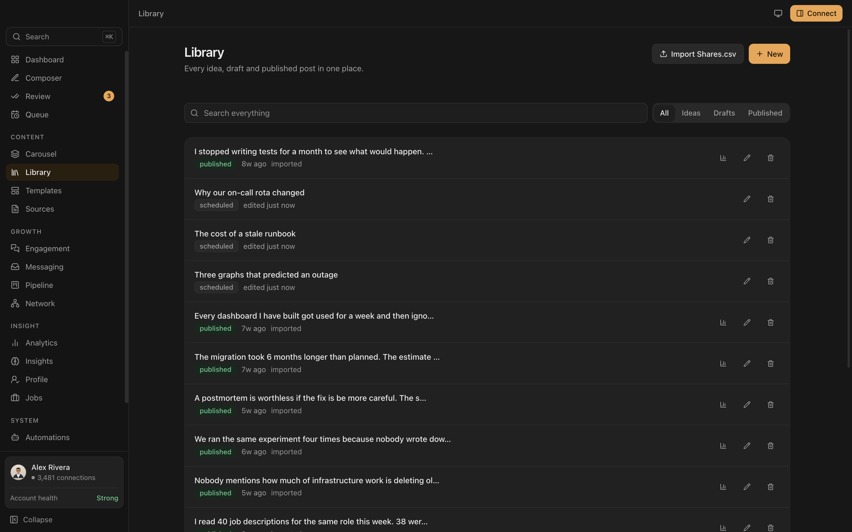 The Everpost library, holding every published LinkedIn post in a searchable list.