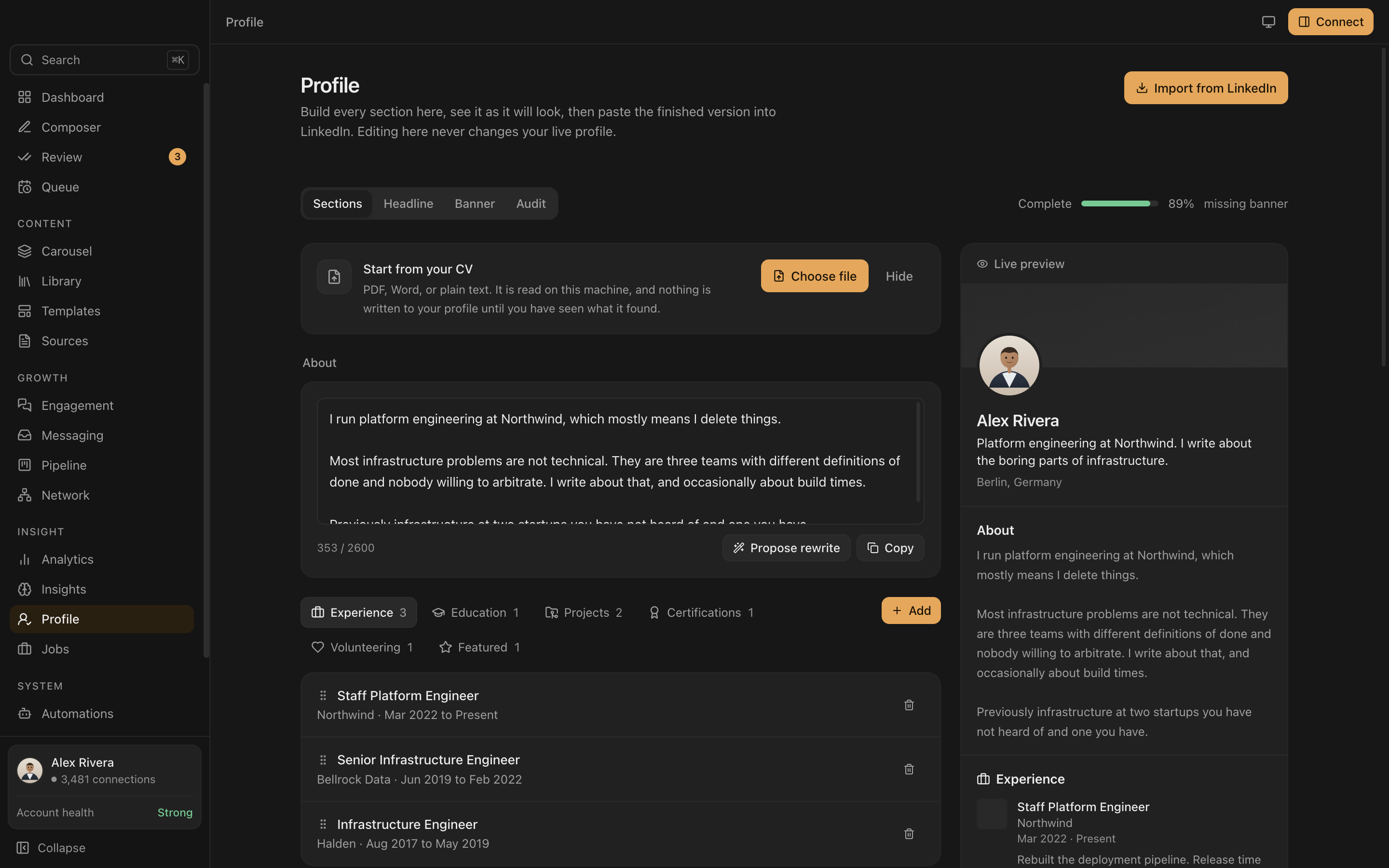 The Everpost profile builder with a CV import card, an About section rewrite proposal, and a live preview beside a completeness score.