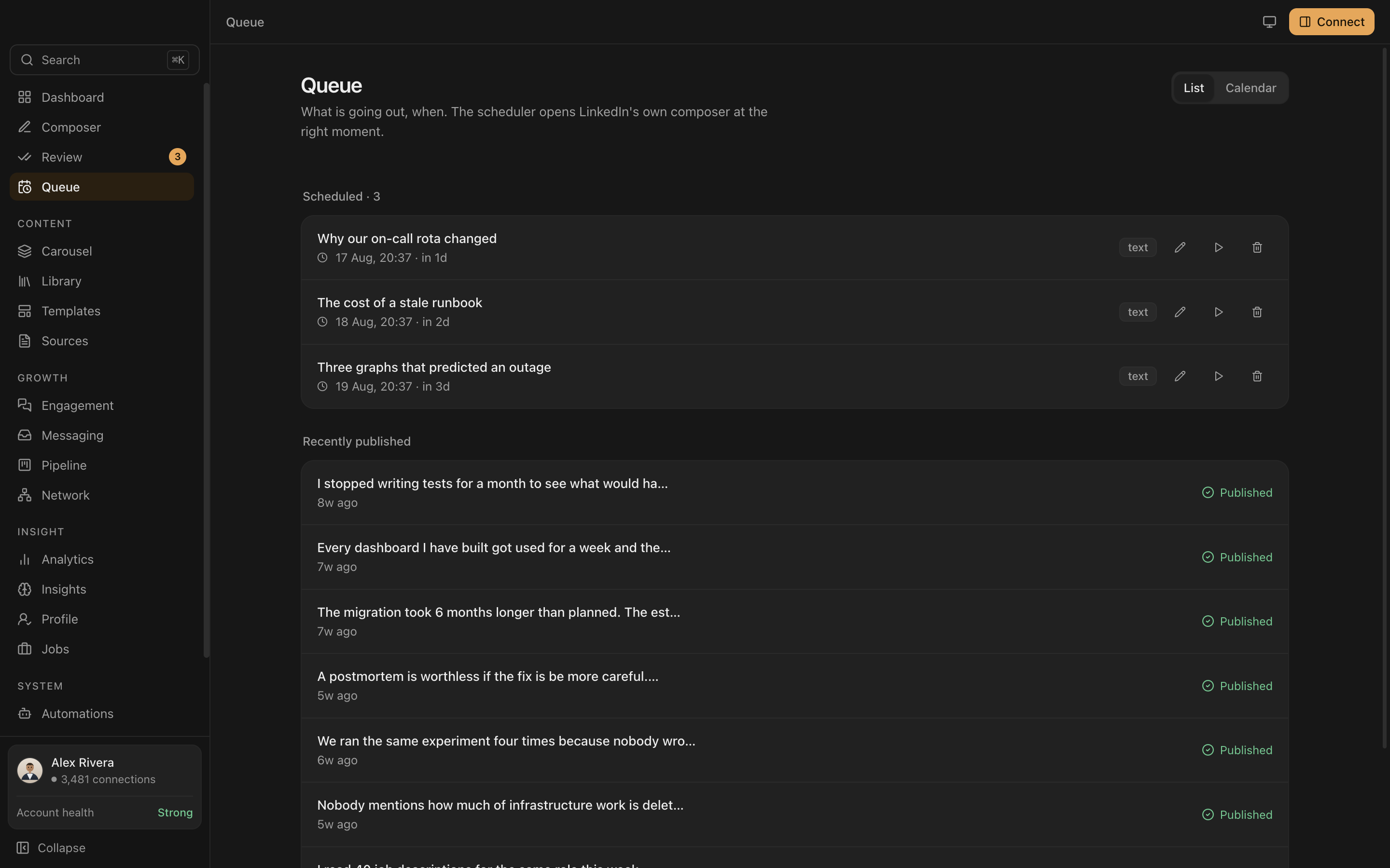 The Everpost queue with three scheduled posts and a list and calendar toggle.