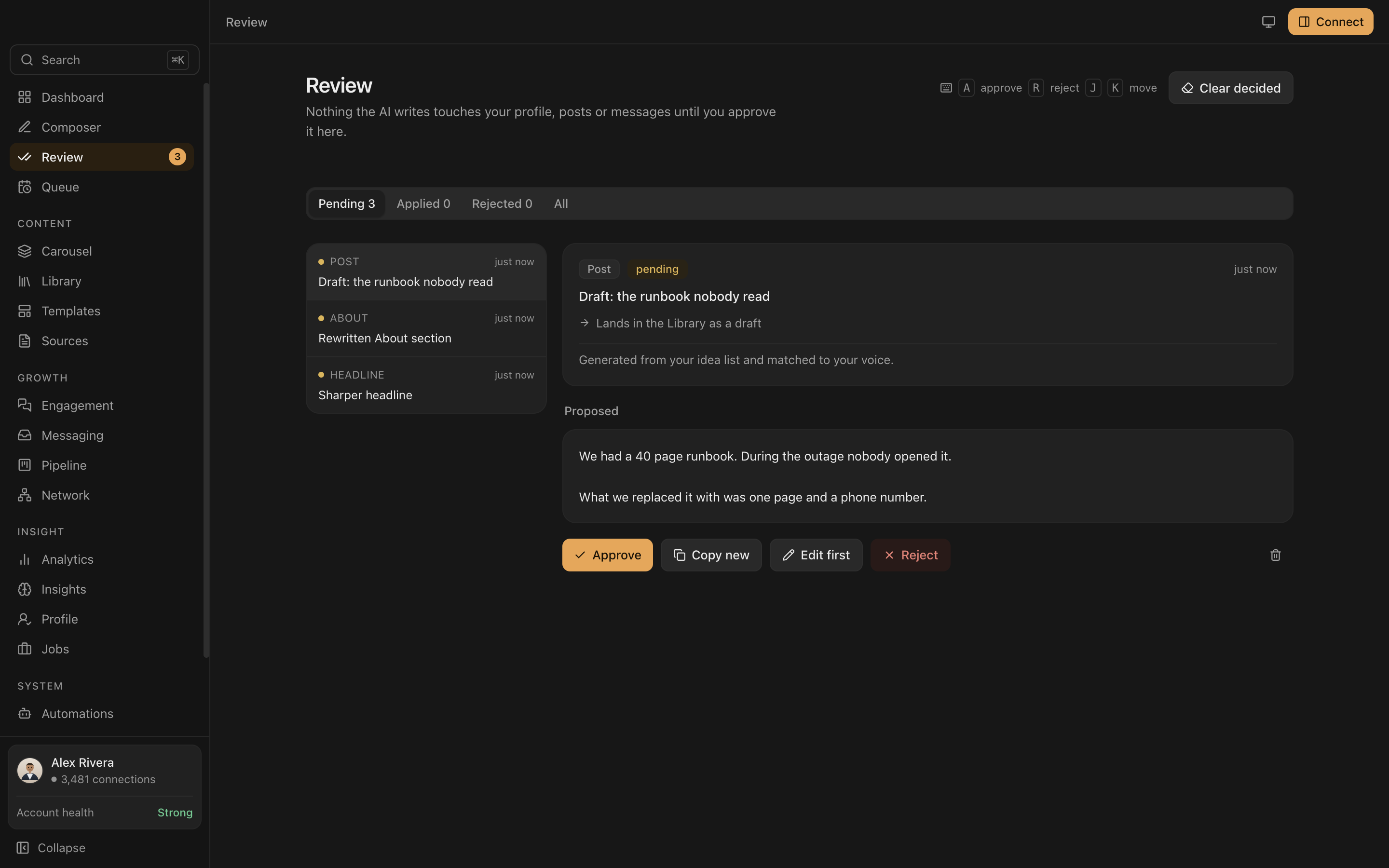 The Everpost review queue showing a word level diff of a proposed change, with approve, edit first and reject actions.