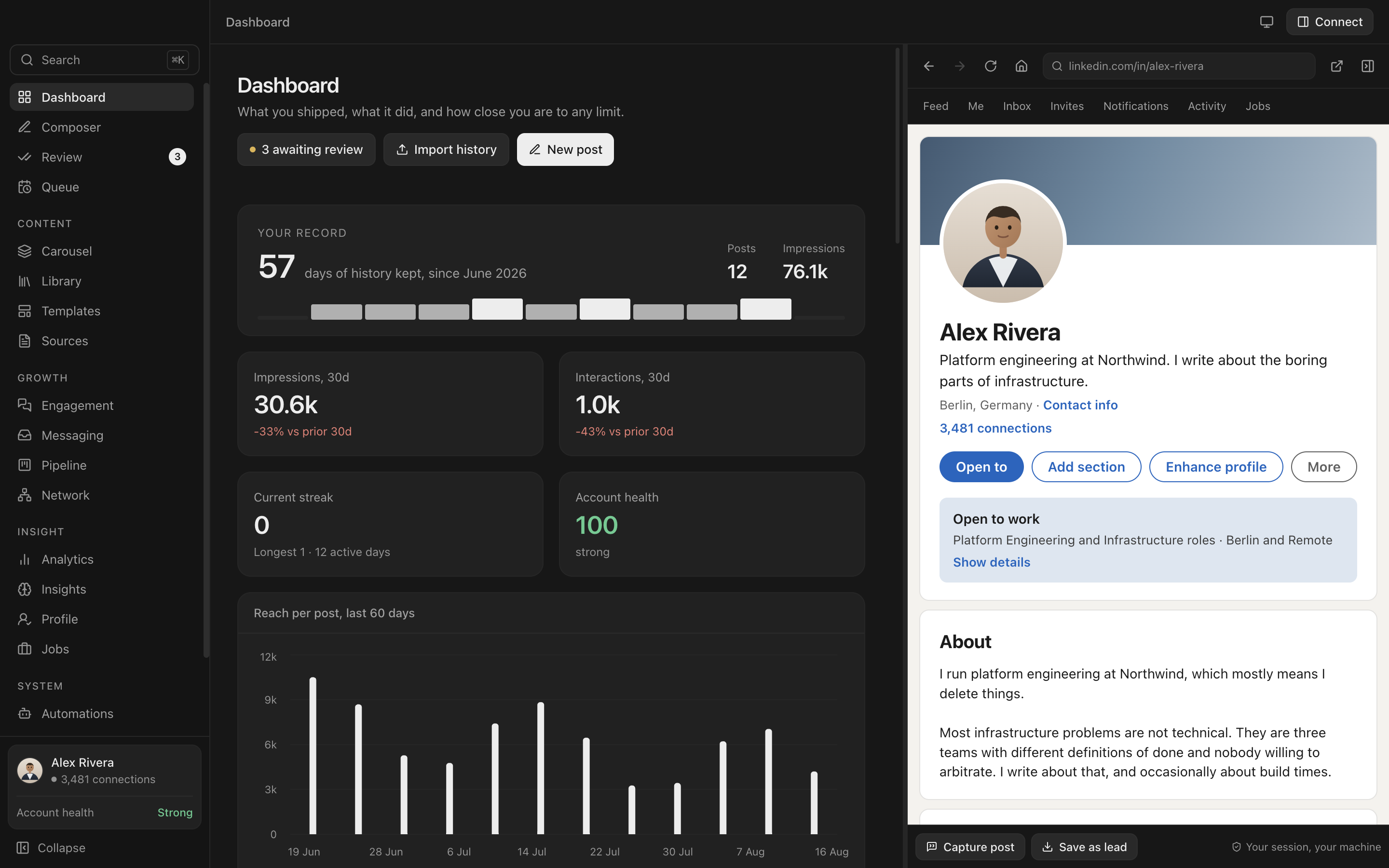 Everpost with the dashboard on the left and a LinkedIn profile open in a panel on the right of the same window.