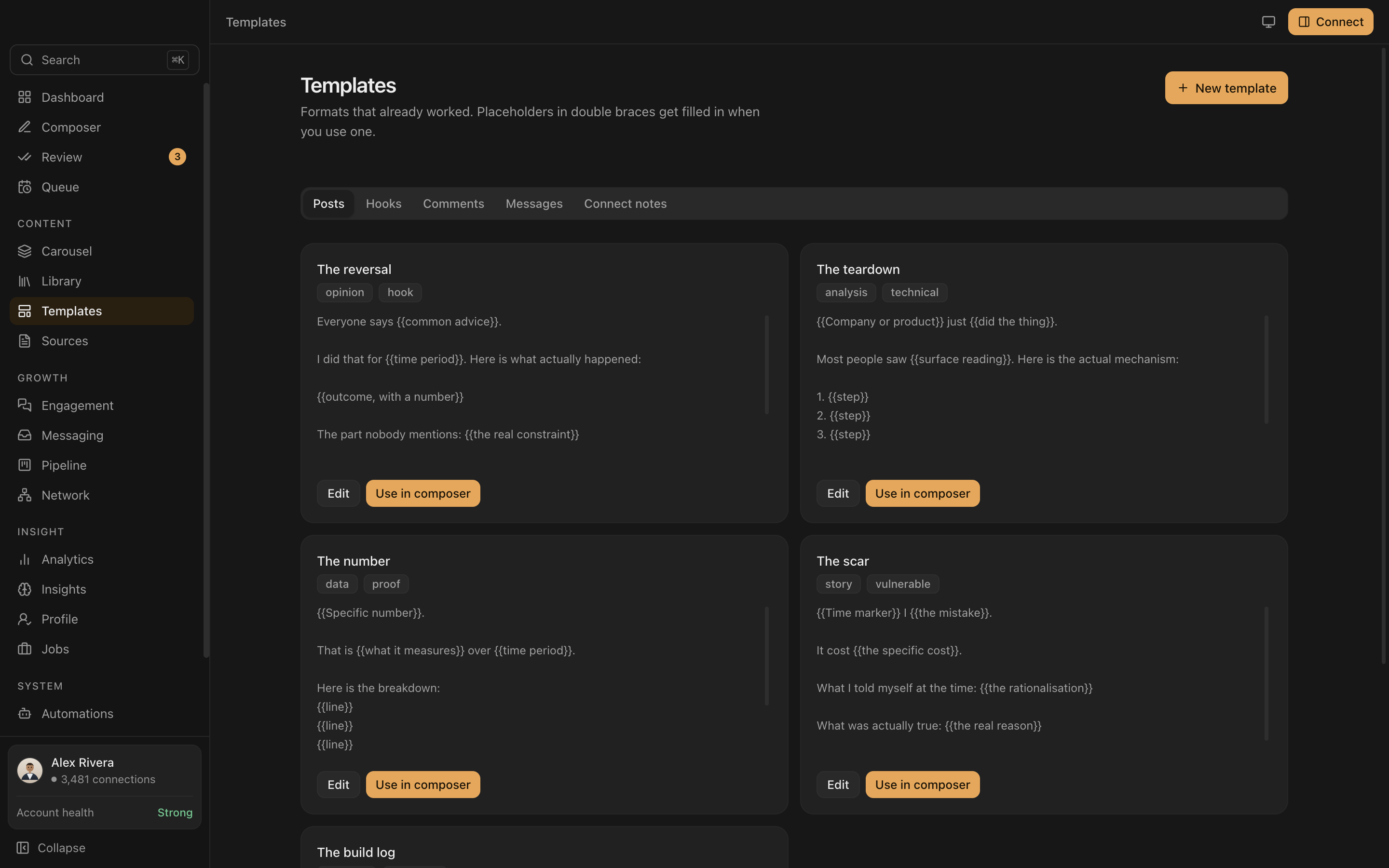The Everpost templates screen, holding reusable post structures with placeholder fields.
