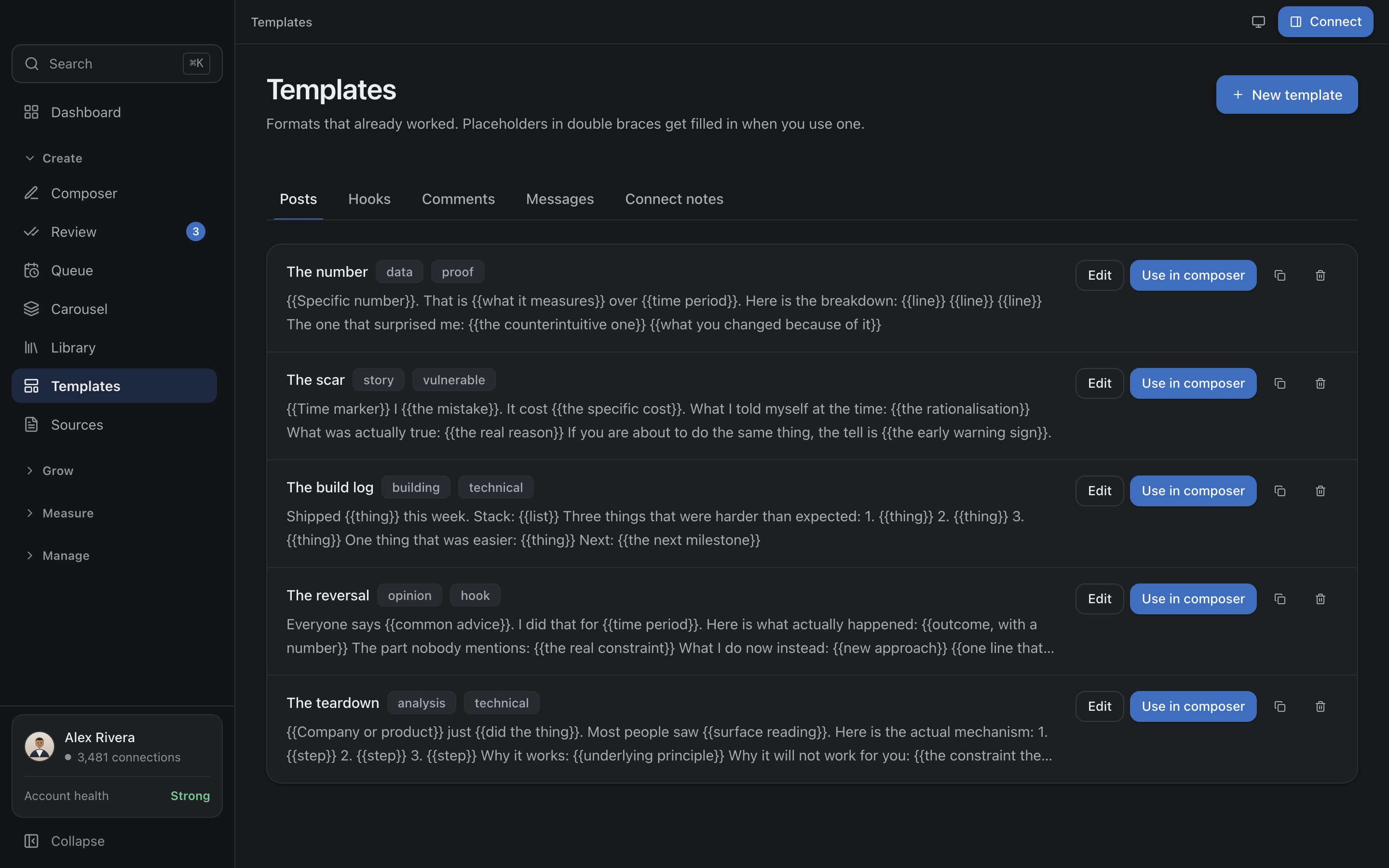 The Everpost templates screen, holding reusable post structures with placeholder fields.